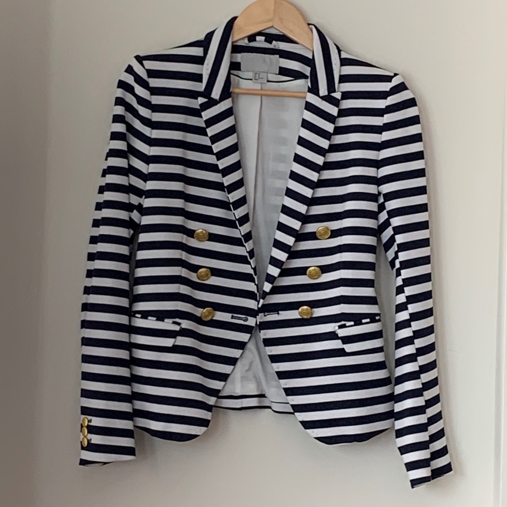 H&M White & Blue Striped Gold Buttons Blazer 10